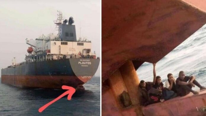 Lagos anchorage officials catch stowaways hiding on the rudder of a ship heading for Spain (Video)