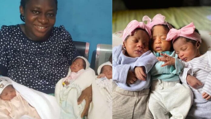 “Jehovah overdo” – Thanksgiving as Nigerian woman gives birth to triplets after 15 years of marriage
