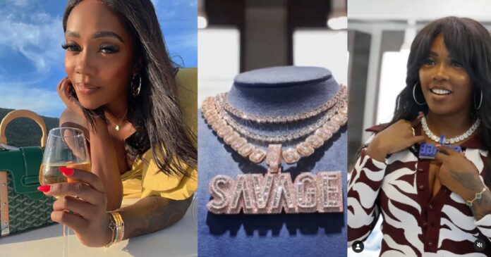 Tiwa Savage shows off her newly acqquired customized diamond pendant worth millions of naira (Video)