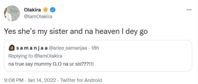   “Na true And I will go to Heaven” – Singer, Olakira confirms viral Mummy G.O is his sister