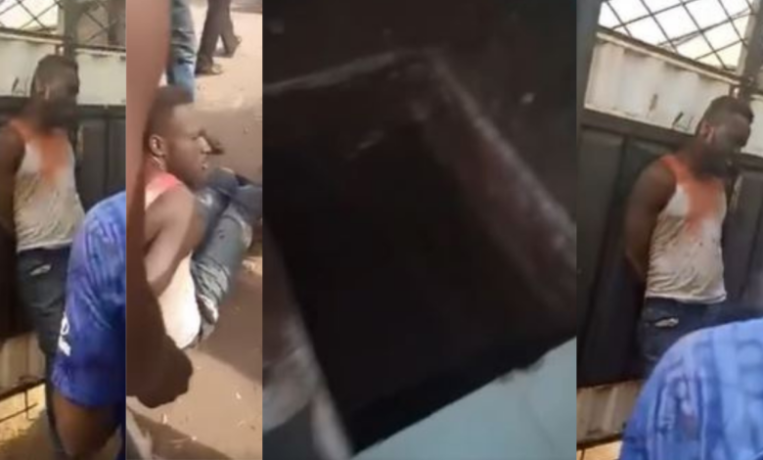 Chaos as people catches a young man who wants to bury his friend’s child inside a room for money ritual after cutting the boy with a knife (Video)
