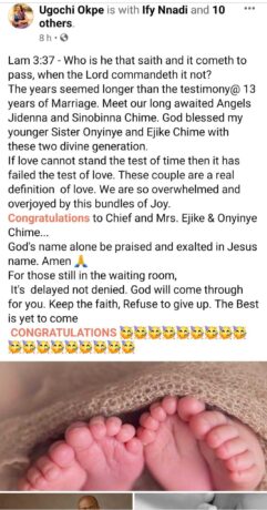   Celebration as Nigerian Couple welcome twins after 13 years of waiting (Photos)