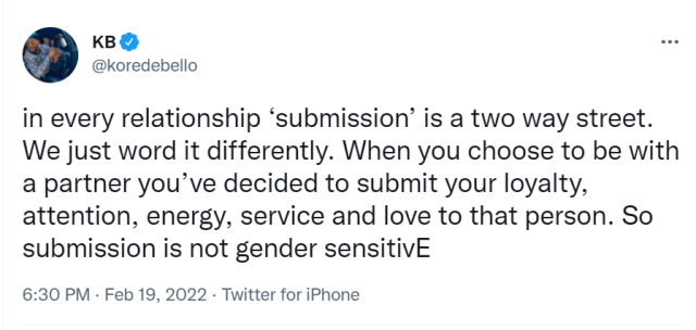 “Submission is not gender sensitive, it’s a two way street” – Singer, Korede Bello opines, explains why