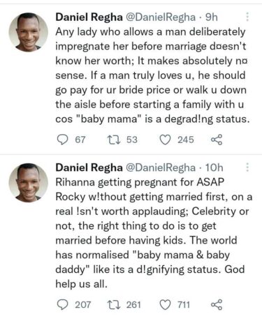 "Rihanna getting pregnant out of wedlock isn’t worth applauding" – Twitter Socialite, Daniel Regha propose