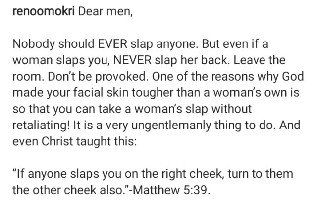 “God made men’s facial skin tougher so they can take a woman’s slap” – Reno Omokri posits