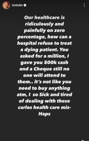 "Our healthcare is ridiculously on zero percentage" – Acress, Tonto Dikeh shares experience after a hospital she visited with a dying patient refused offering any treatment after paying N1 million
