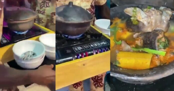 Party guests served food directly from a gas stove at an event to keep it hot (video)