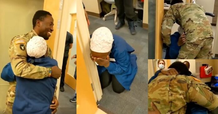 Nigerian woman sheds tears of joy as her husband, who is serving in the US Army, surprises her at work after 11 months of being deployed overseas (video)