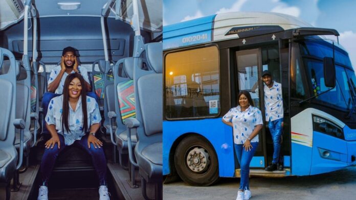 Nigerian man snaps beautiful pre-wedding photos with fiancée on BRT bus where they met