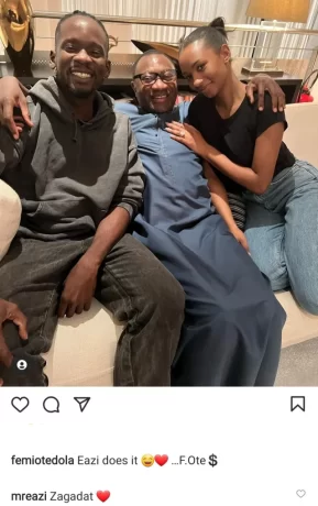 “Eazi does it” – Femi Otedola writes as he poses with daughter Temi and her fiancé Mr Eazi