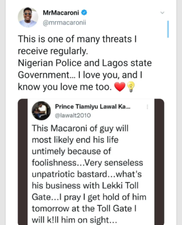 Mr Macaroni shares death threat he received after he objected to the resumption of tolling at Lekki toll gate