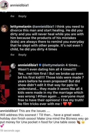  Annie Idibia replies fan who advised her to divorce Tubaba so that she may heal.