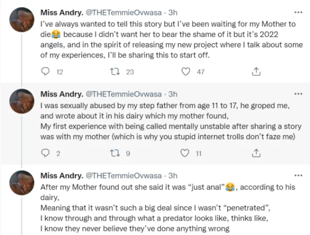  “I was sexually abused by my stepfather from age 11 to 17” – Singer Temmie Ovwasa