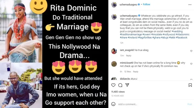 "Imo women, when una go support eachother?" - Actor, Uche Maduagwu reacts to Genevieve’s noticeable absence at Rita Dominic’s wedding