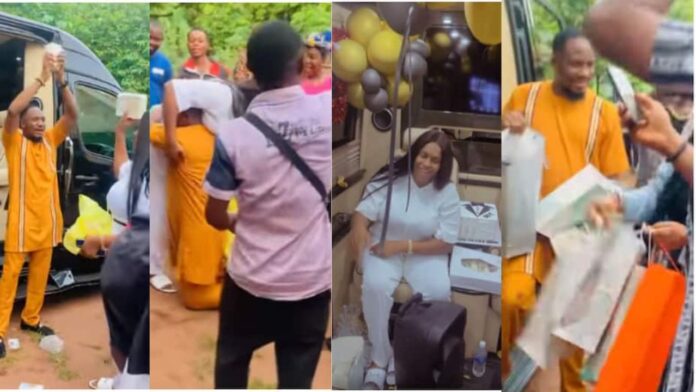 Actor, Junior Pope Gets on Knees to Thank Wife As She Storms Movie Location With Gifts to Surprise Him on Birthday