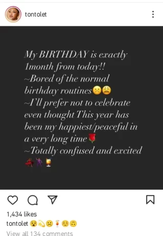"I wouldn’t be celebrating my birthday this year” – Actress, Tonto Dikeh Reveals says ; Explains why