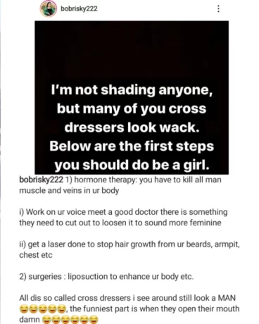   "Many of you Cross dressers are wack" – Bobrisky shades his colleagues, teach them on how to be Better 
