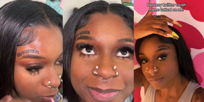Lady causes a stir as she tattoos her crush’s name on her face (video)